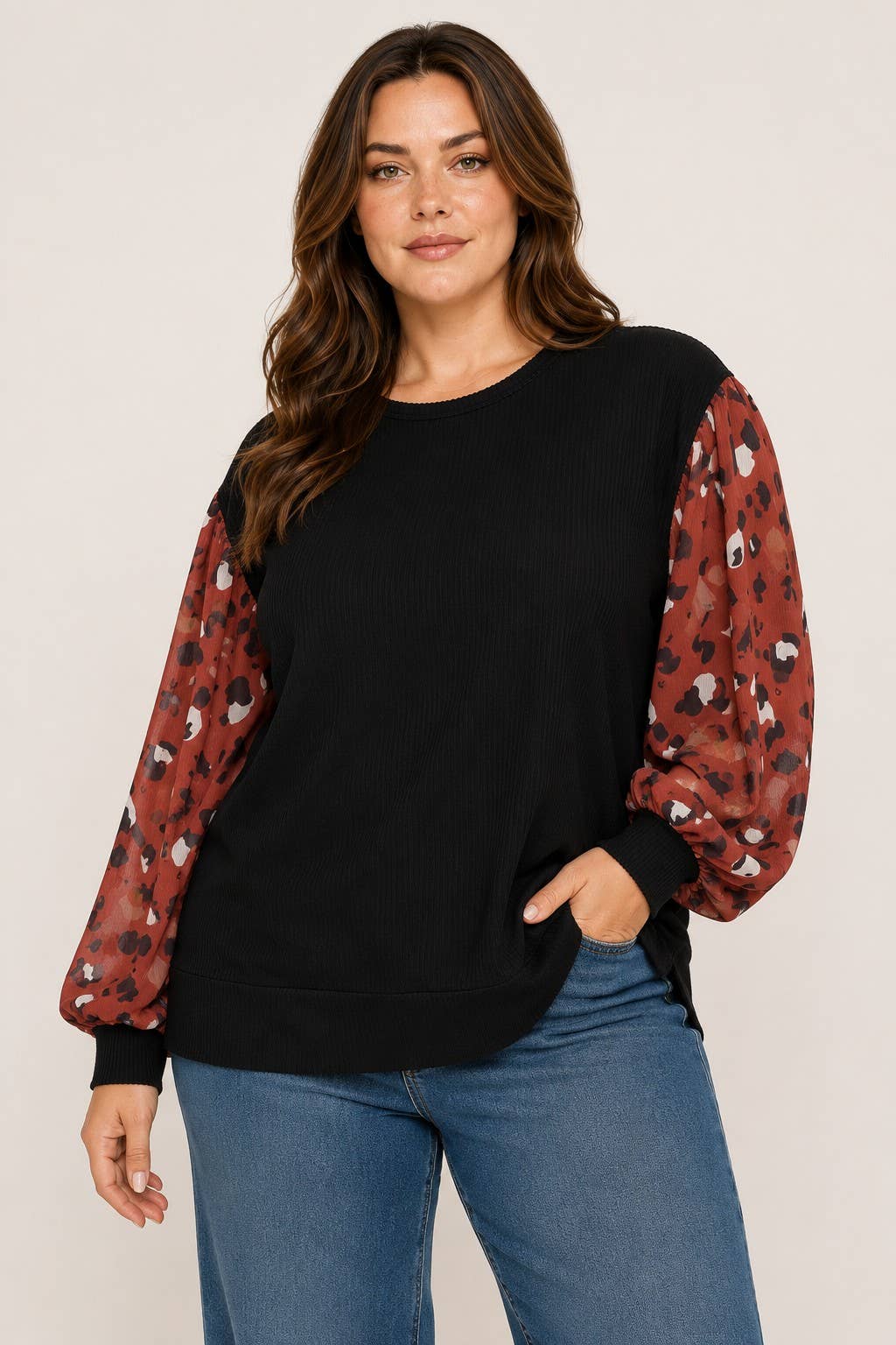 Plus Size - Animal Print Contrast Sheer Chiffon Bubble Sleeve Top.