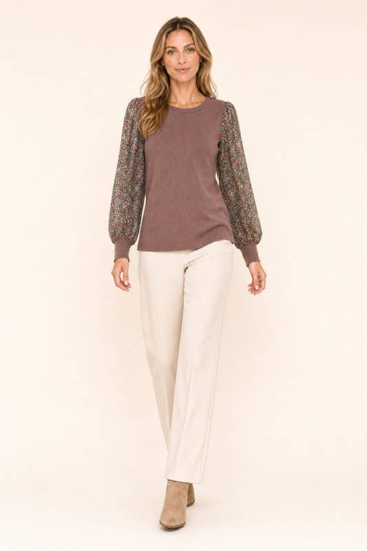 Women’s Ribbed Knit Lurex Floral Chiffon Puff Sleeve Top: Brown / Contemporary