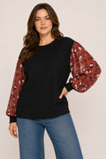 Plus Size - Animal Print Contrast Sheer Chiffon Bubble Sleeve Top.