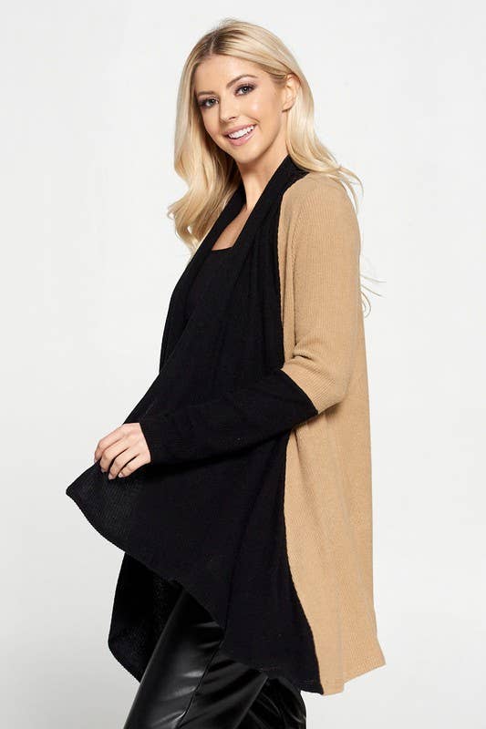 Made in USA Rib Open Draped Cardigan with Color Block Sleeve: BLACK/TAUPE Sized S to 3X