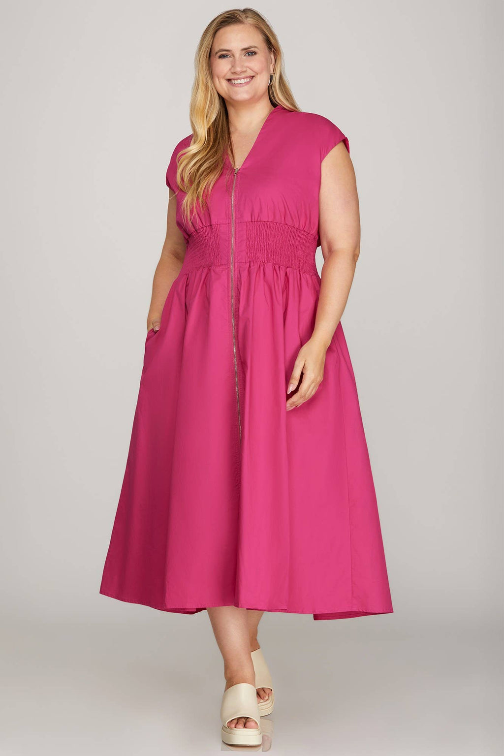 Plus Smocked Waist Front Zip Midi Dress: RED