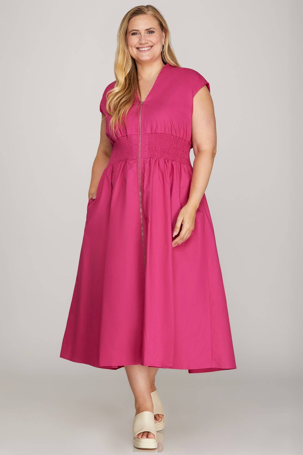 Plus Smocked Waist Front Zip Midi Dress: RED