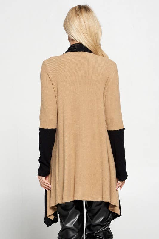 Made in USA Rib Open Draped Cardigan with Color Block Sleeve: BLACK/TAUPE Sized S to 3X