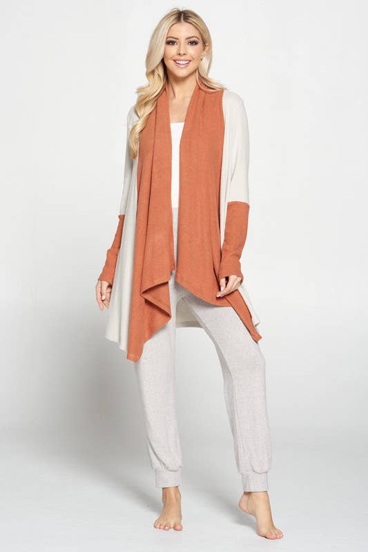 Made in USA Rib Open Draped Cardigan with Color Block Sleeve: RUST Sizes S to 3X