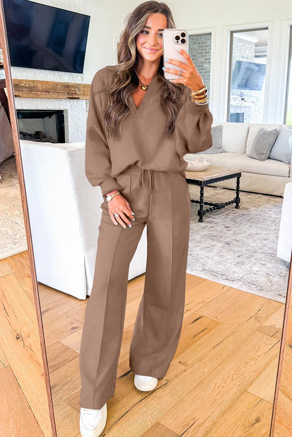 Polo Collar V Neck Pullover and Drawstring Sweatpants Matching Set: Dark Khaki /