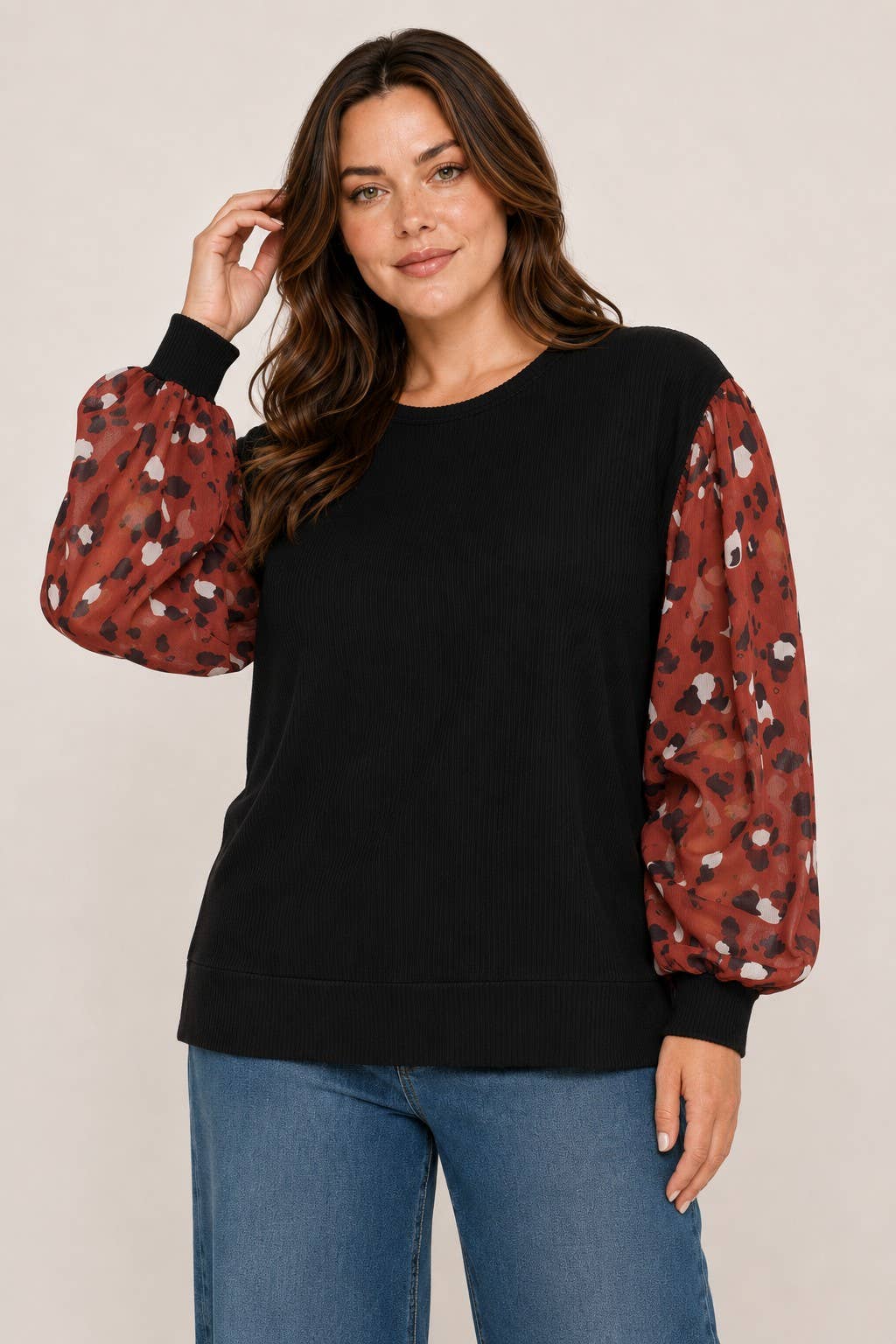 Plus Size - Animal Print Contrast Sheer Chiffon Bubble Sleeve Top.