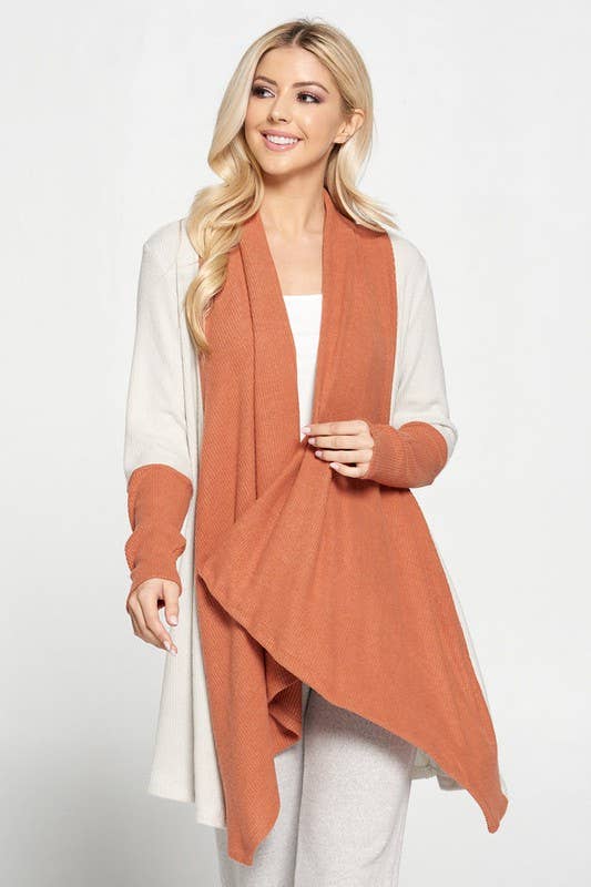 Made in USA Rib Open Draped Cardigan with Color Block Sleeve: RUST Sizes S to 3X