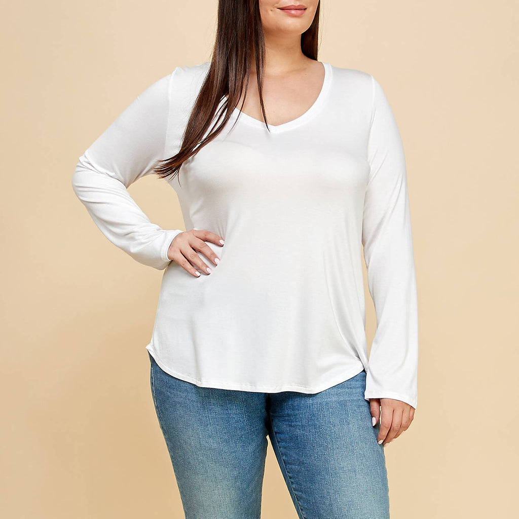 Plus Size Modal Long Sleeve V-neck T-shirt, White