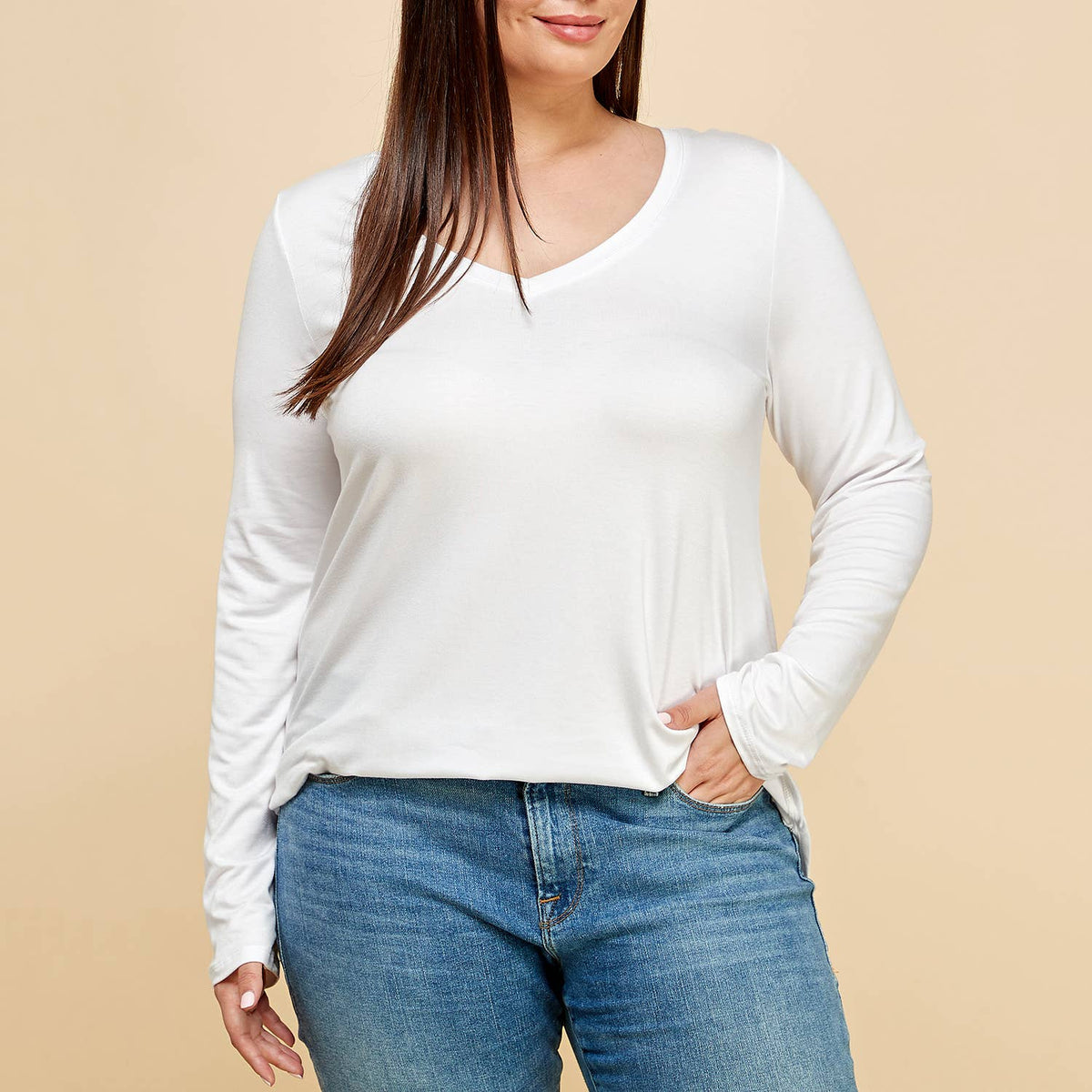 Plus Size Modal Long Sleeve V-neck T-shirt, White