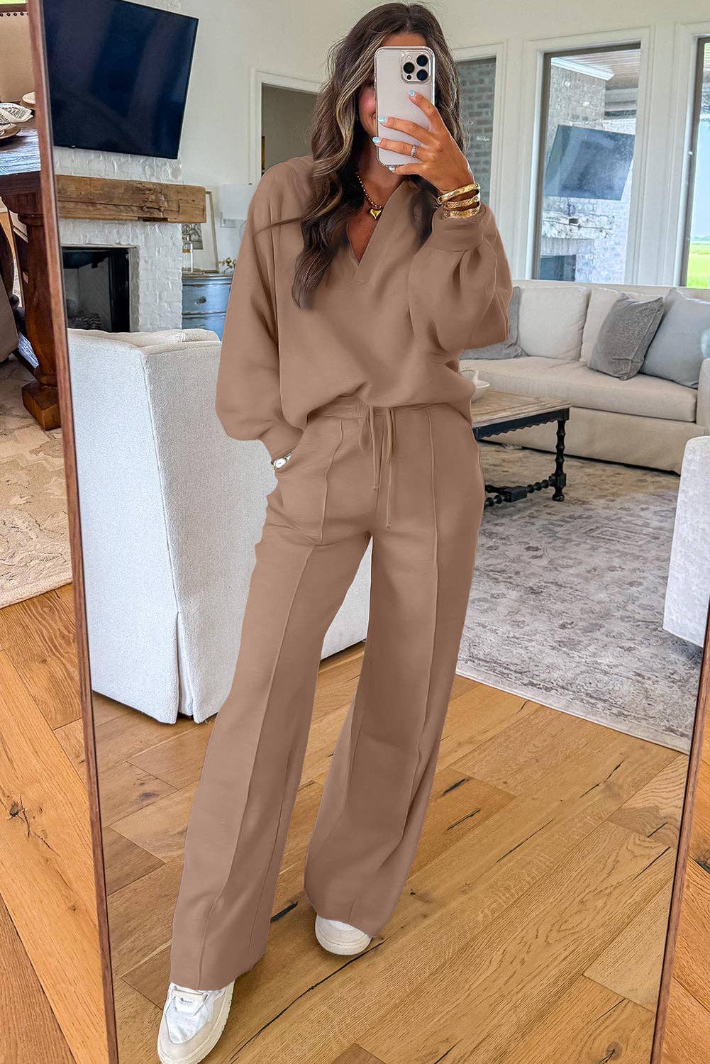 Polo Collar V Neck Pullover and Drawstring Sweatpants Matching Set: Dark Khaki /