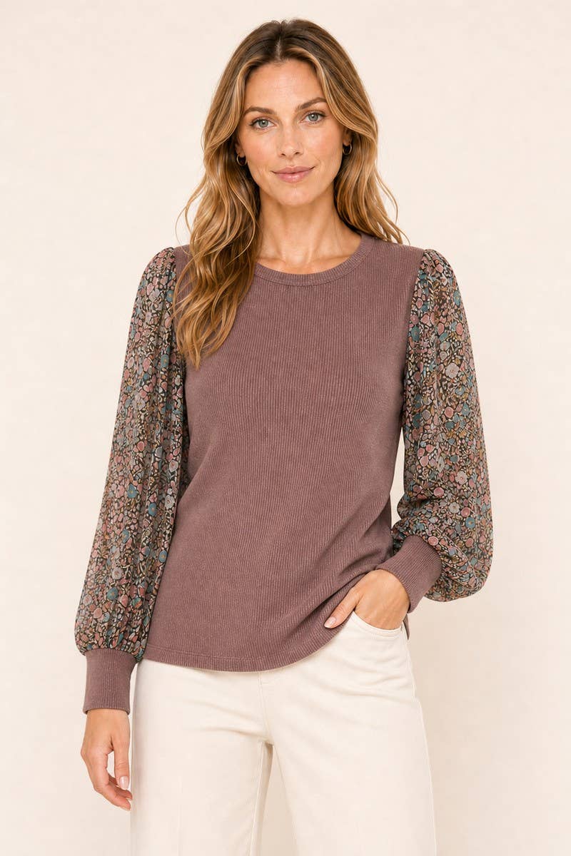 Women’s Ribbed Knit Lurex Floral Chiffon Puff Sleeve Top: Brown / Contemporary