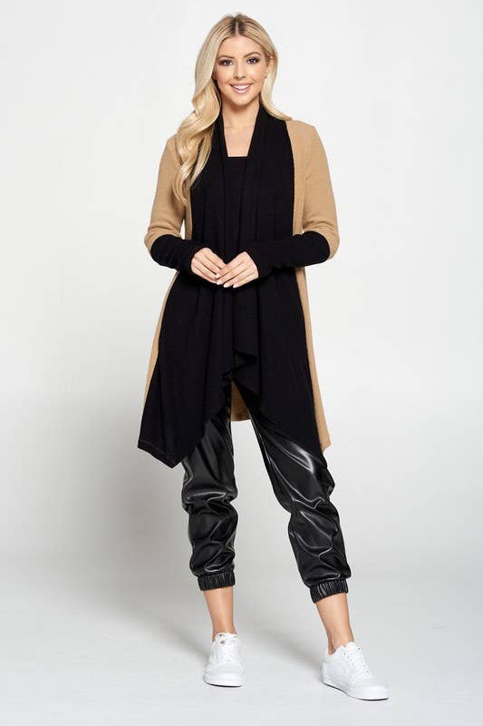 Made in USA Rib Open Draped Cardigan with Color Block Sleeve: BLACK/TAUPE Sized S to 3X