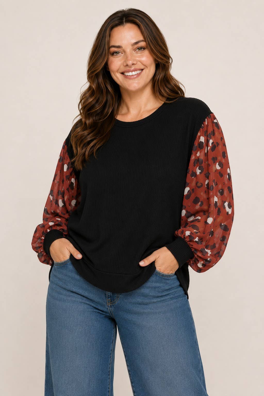 Plus Size - Animal Print Contrast Sheer Chiffon Bubble Sleeve Top.