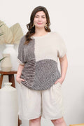 PLUS MULTI PATTERN COLORBLOCK SHORT SLEEVE SWEATER: BLACK MULTI