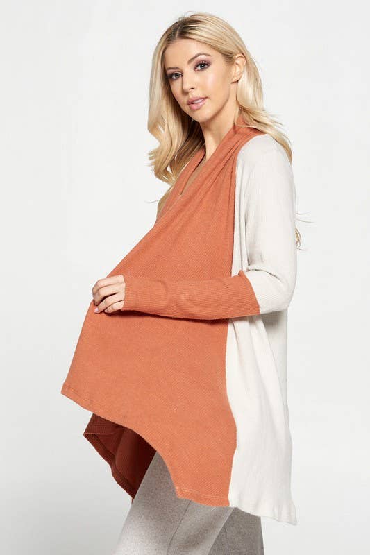 Made in USA Rib Open Draped Cardigan with Color Block Sleeve: RUST Sizes S to 3X