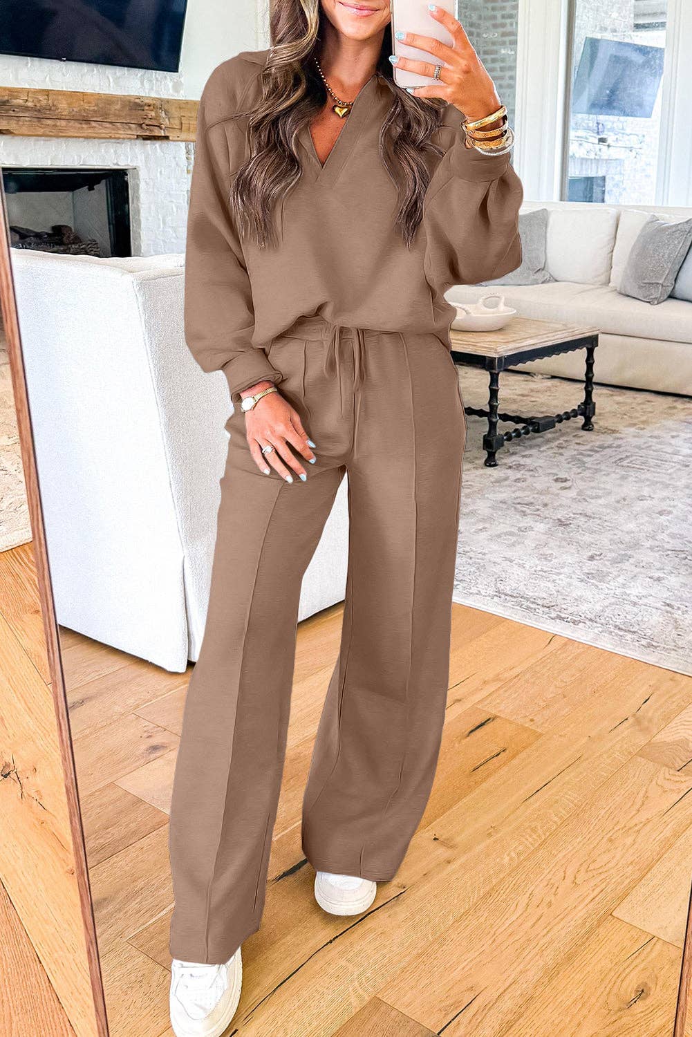 Polo Collar V Neck Pullover and Drawstring Sweatpants Matching Set: Dark Khaki /