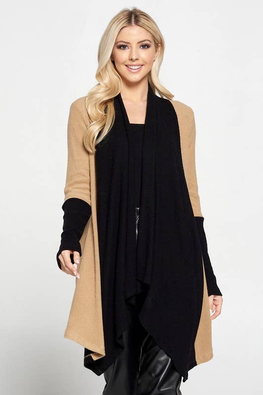 Made in USA Rib Open Draped Cardigan with Color Block Sleeve: BLACK/TAUPE Sized S to 3X