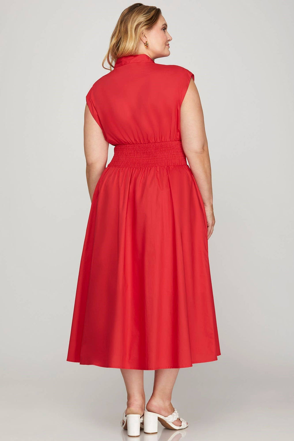 Plus Smocked Waist Front Zip Midi Dress: RED