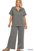 Plus Scuba High Neck Half Zip Top & Pants Set Zenana: CHARCOAL
