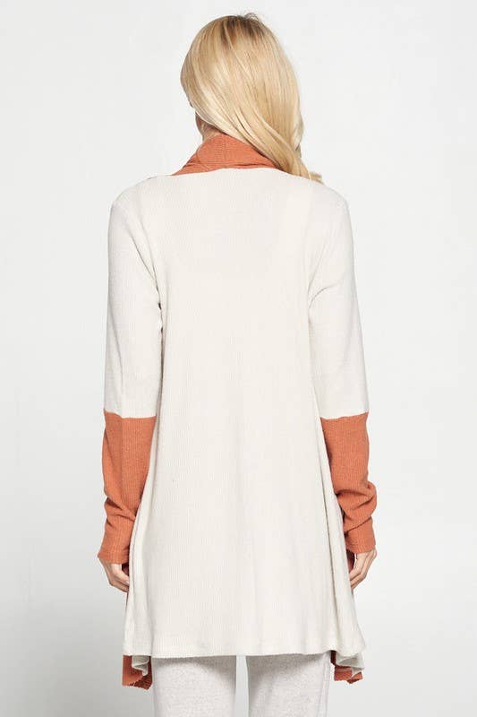 Made in USA Rib Open Draped Cardigan with Color Block Sleeve: RUST Sizes S to 3X