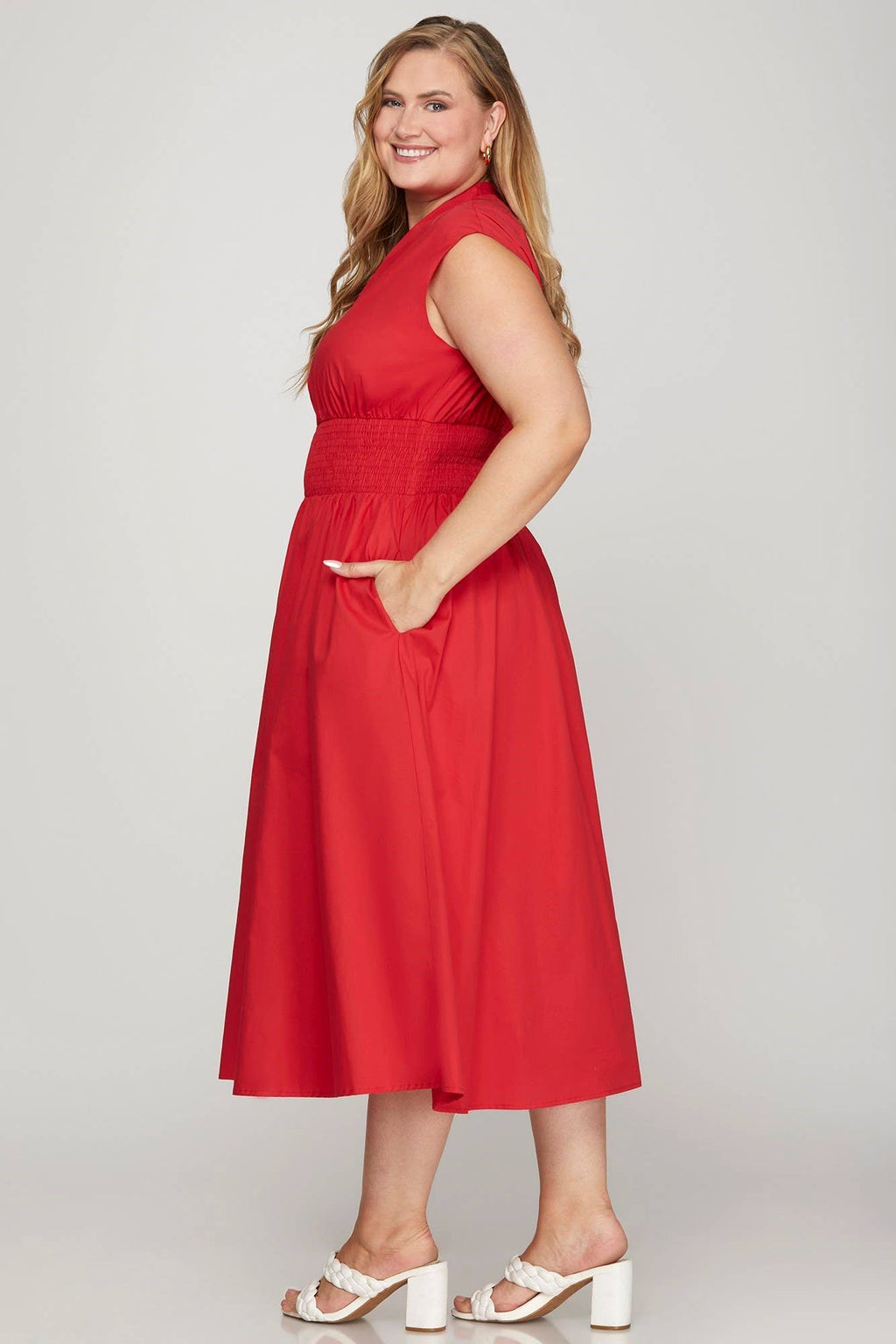 Plus Smocked Waist Front Zip Midi Dress: RED