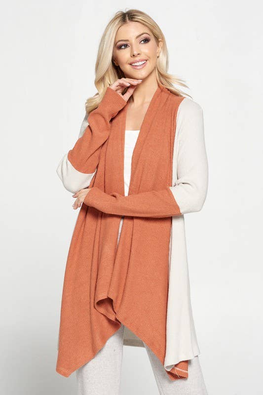 Made in USA Rib Open Draped Cardigan with Color Block Sleeve: RUST Sizes S to 3X