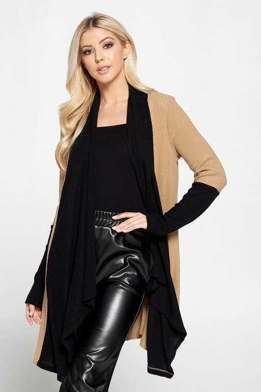 Made in USA Rib Open Draped Cardigan with Color Block Sleeve: BLACK/TAUPE Sized S to 3X