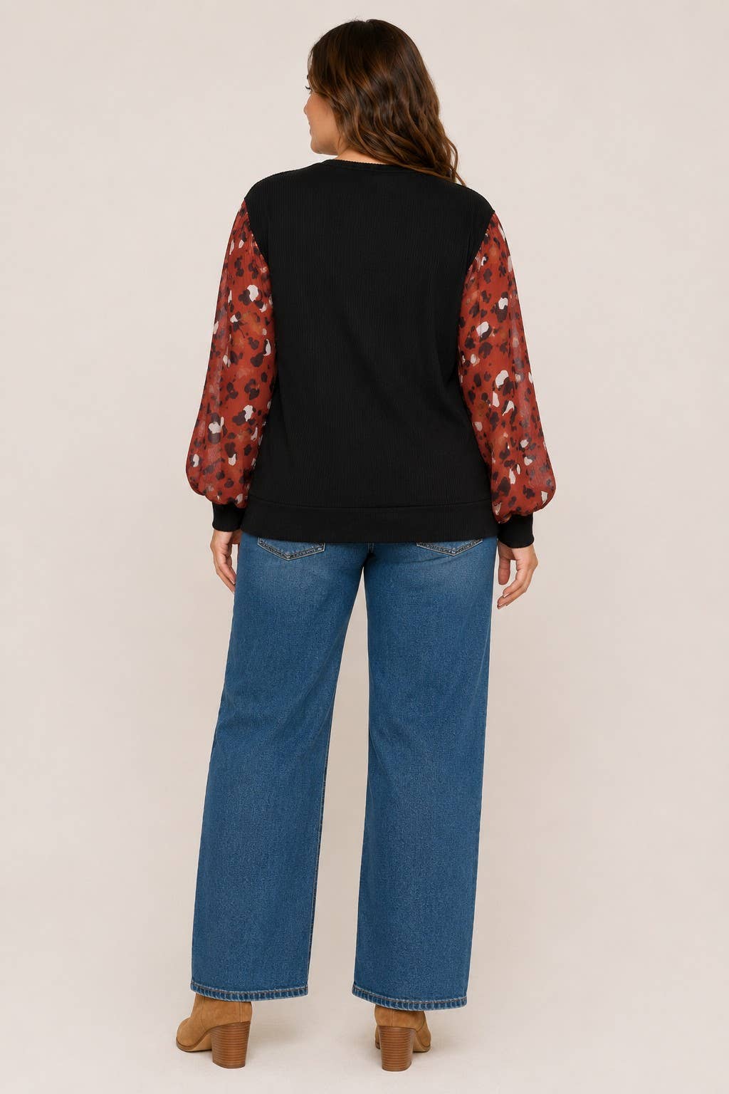 Plus Size - Animal Print Contrast Sheer Chiffon Bubble Sleeve Top.