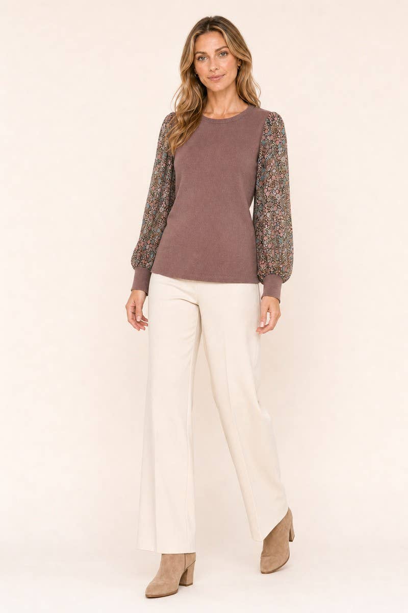 Women’s Ribbed Knit Lurex Floral Chiffon Puff Sleeve Top: Brown / Contemporary