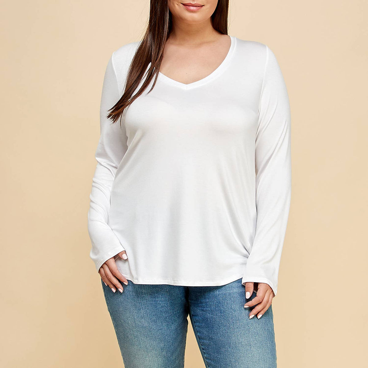 Plus Size Modal Long Sleeve V-neck T-shirt, White
