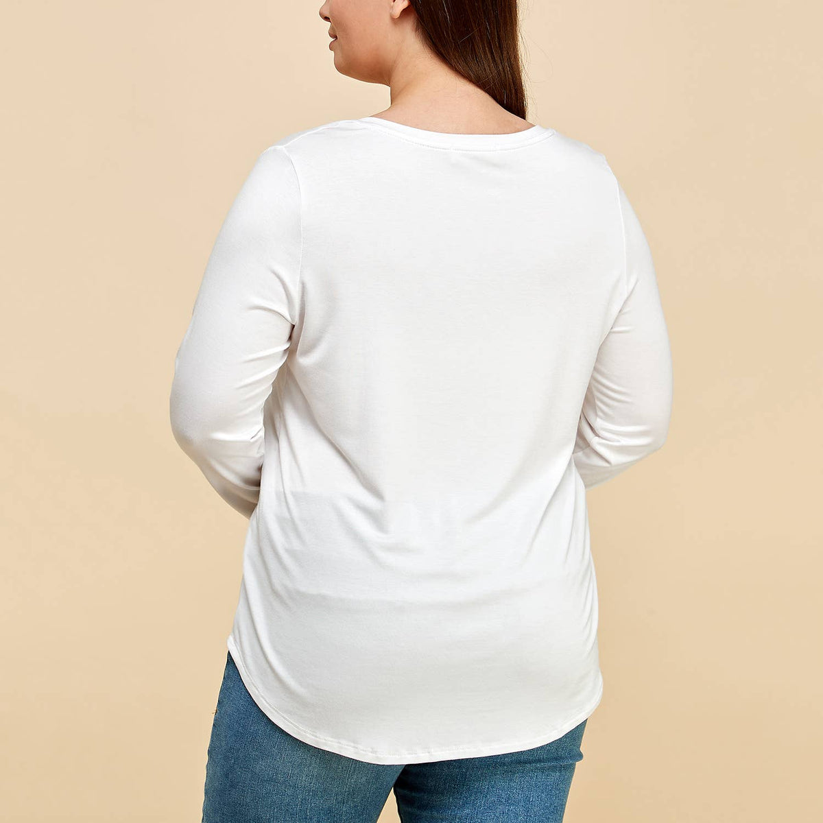 Plus Size Modal Long Sleeve V-neck T-shirt, White