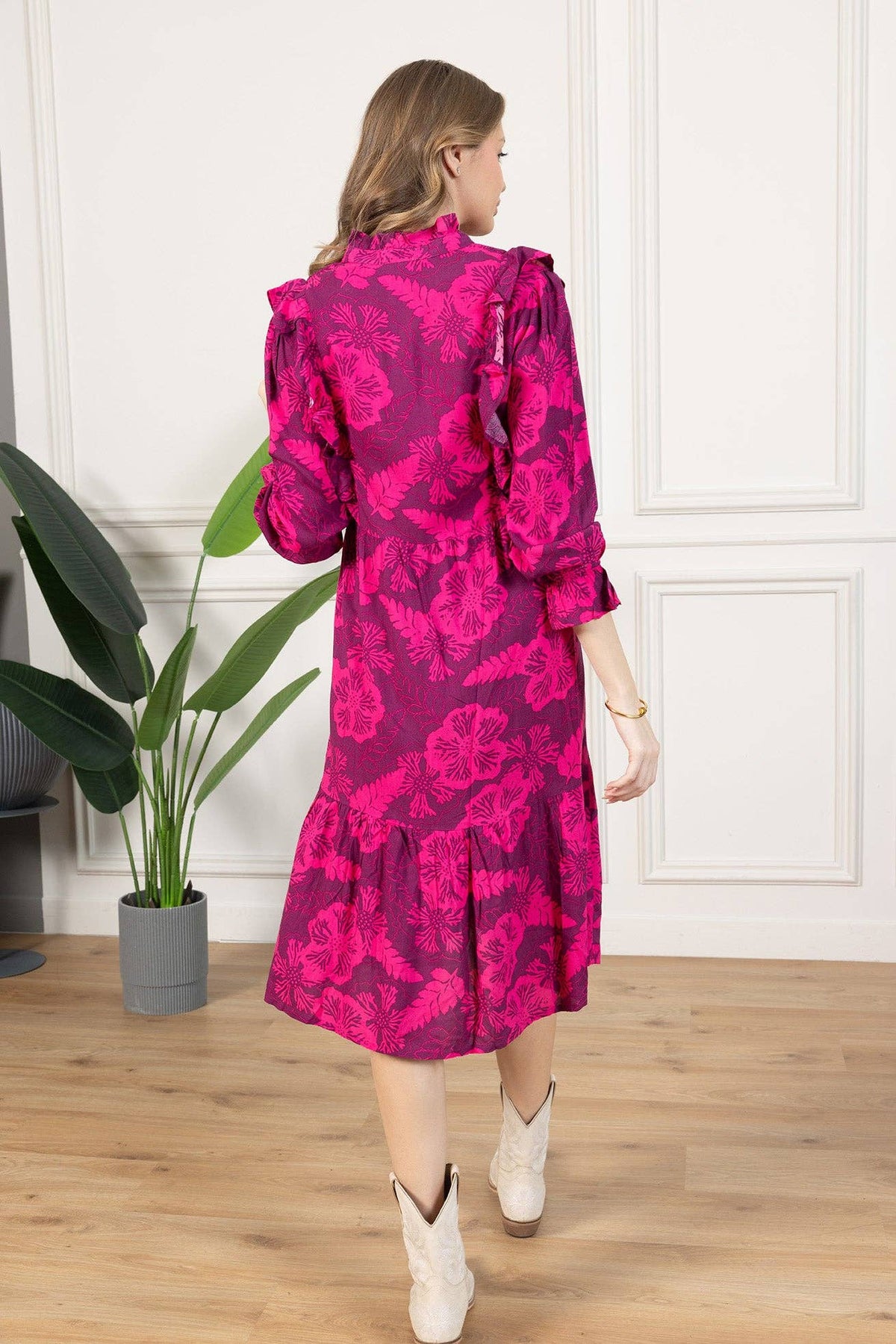 Spring Carnival Ruffle Dress in Boysenberry Color: Retro Pink