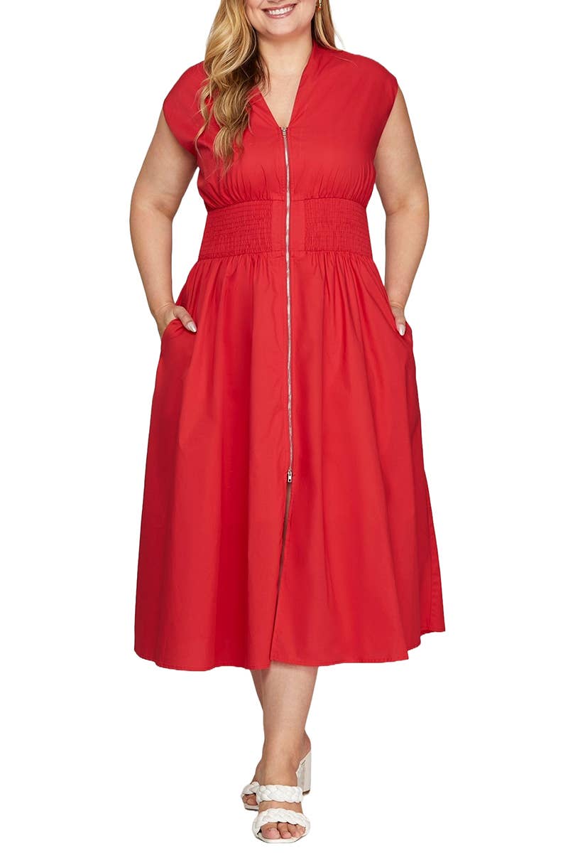 Plus Smocked Waist Front Zip Midi Dress: RED